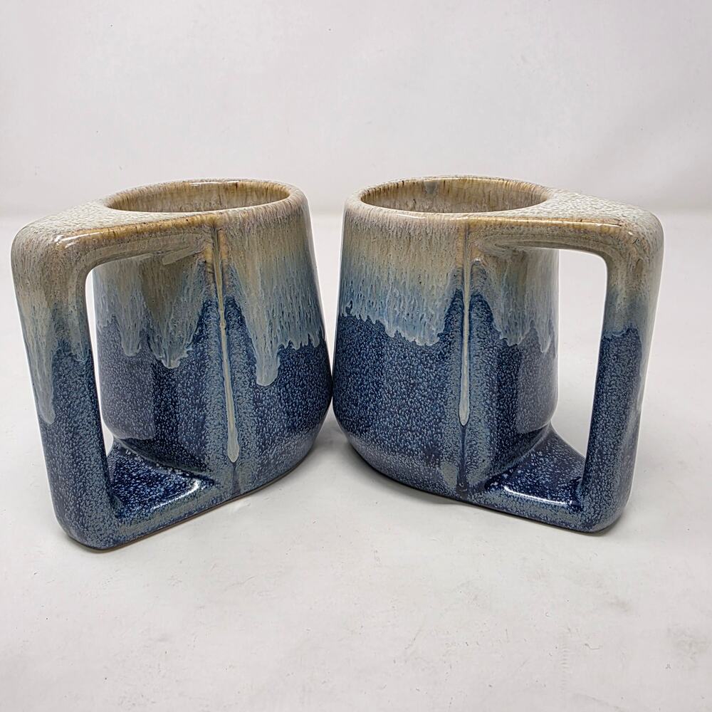 Artisan Pottery Drip Mug Set 2 Blue Stoneware Handmade Signed Artist Square